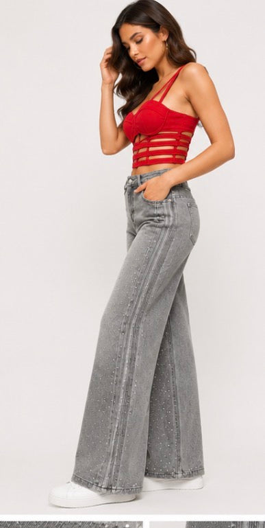 Celeste Rhinestone Wide Leg Jeans