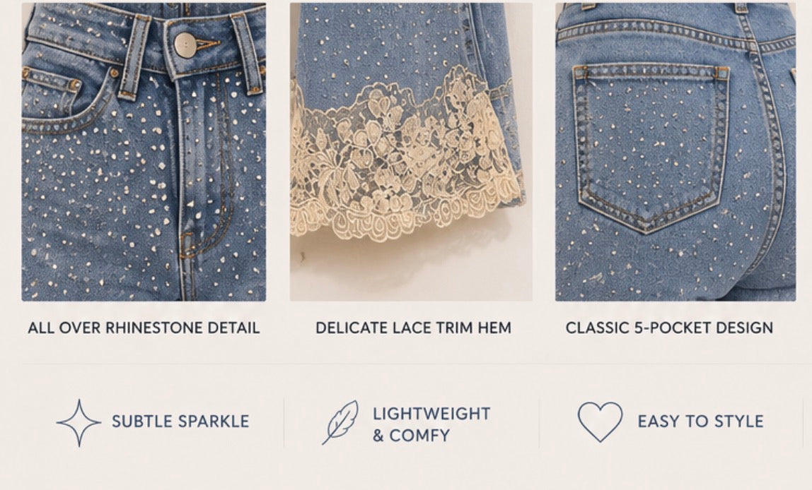 Lace Hem Rhinestone Jeans