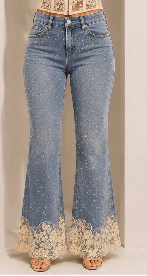 Lace Hem Rhinestone Jeans