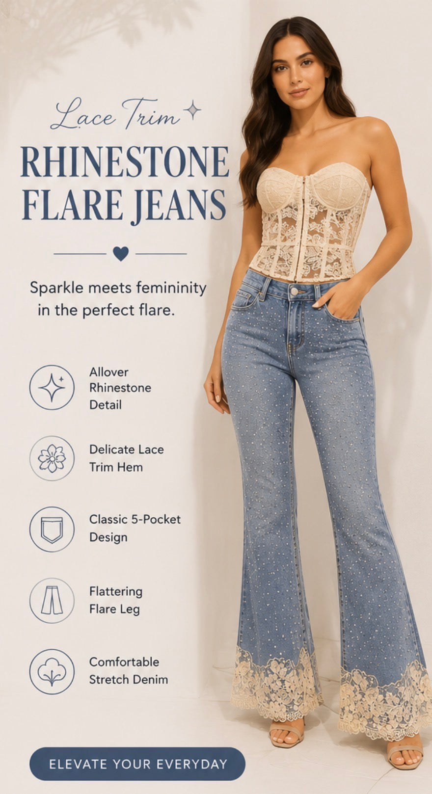 Lace Hem Rhinestone Jeans