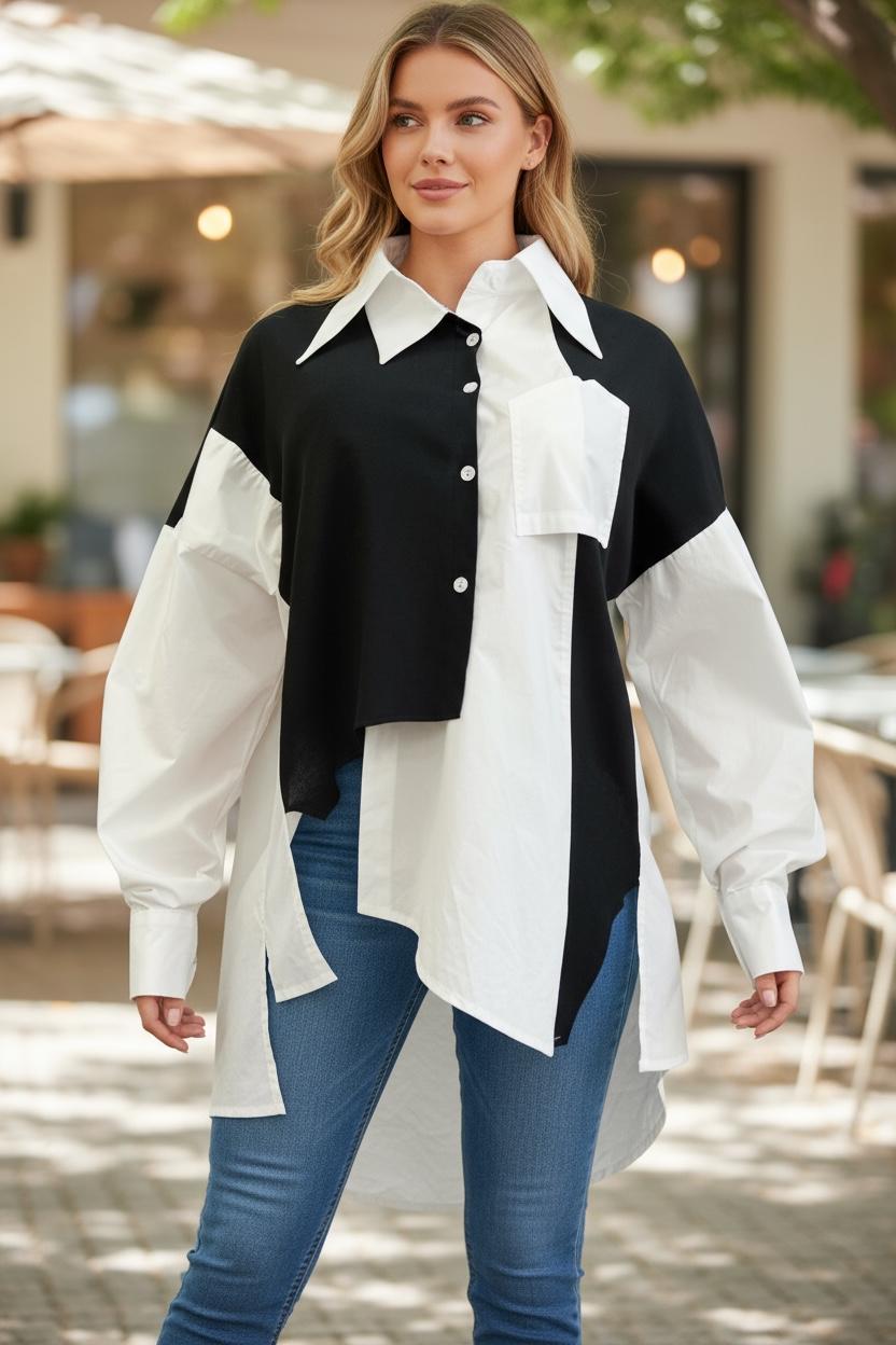 Asymmetrical Patchwork Knit Blouse