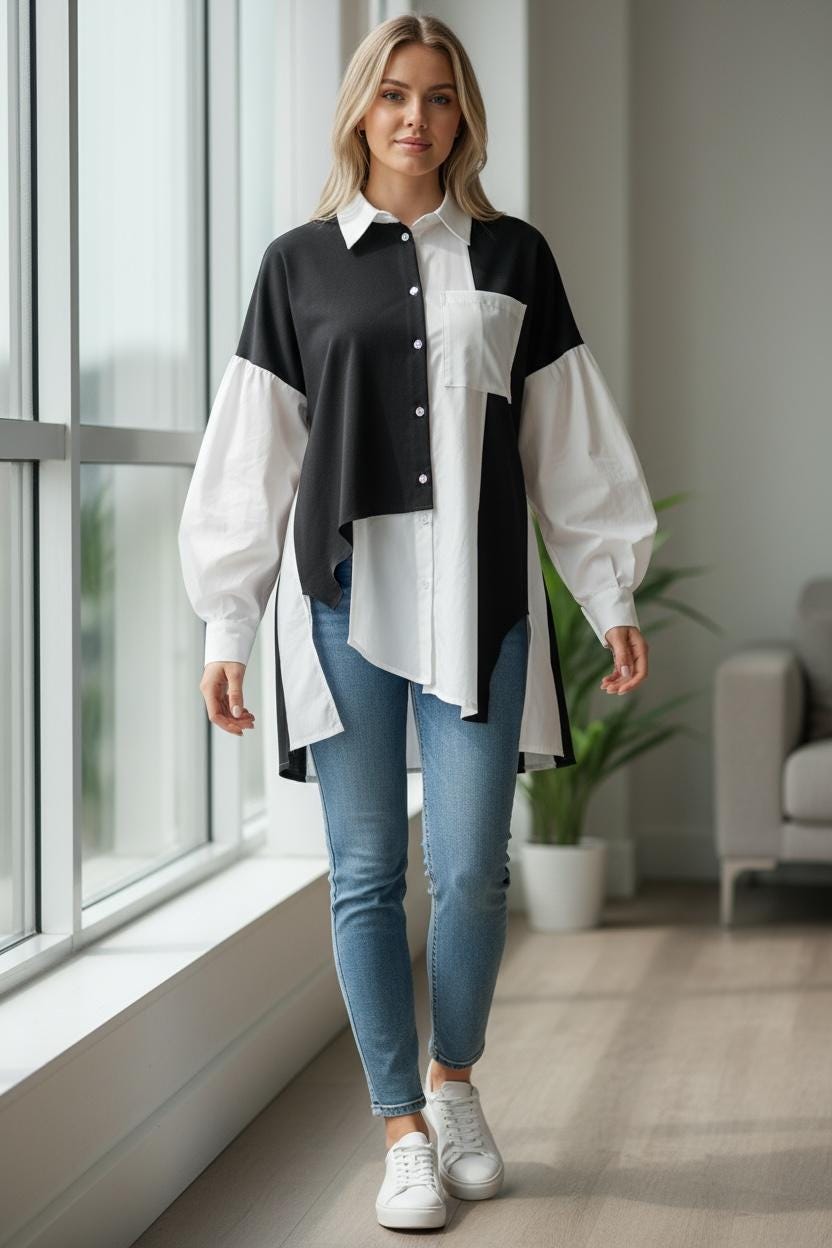 Asymmetrical Patchwork Knit Blouse