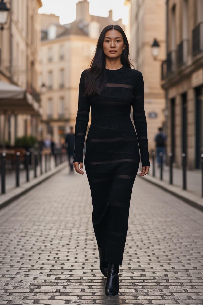 Black Long-Sleeve Dress (Fitted Ribbed Style with mesh