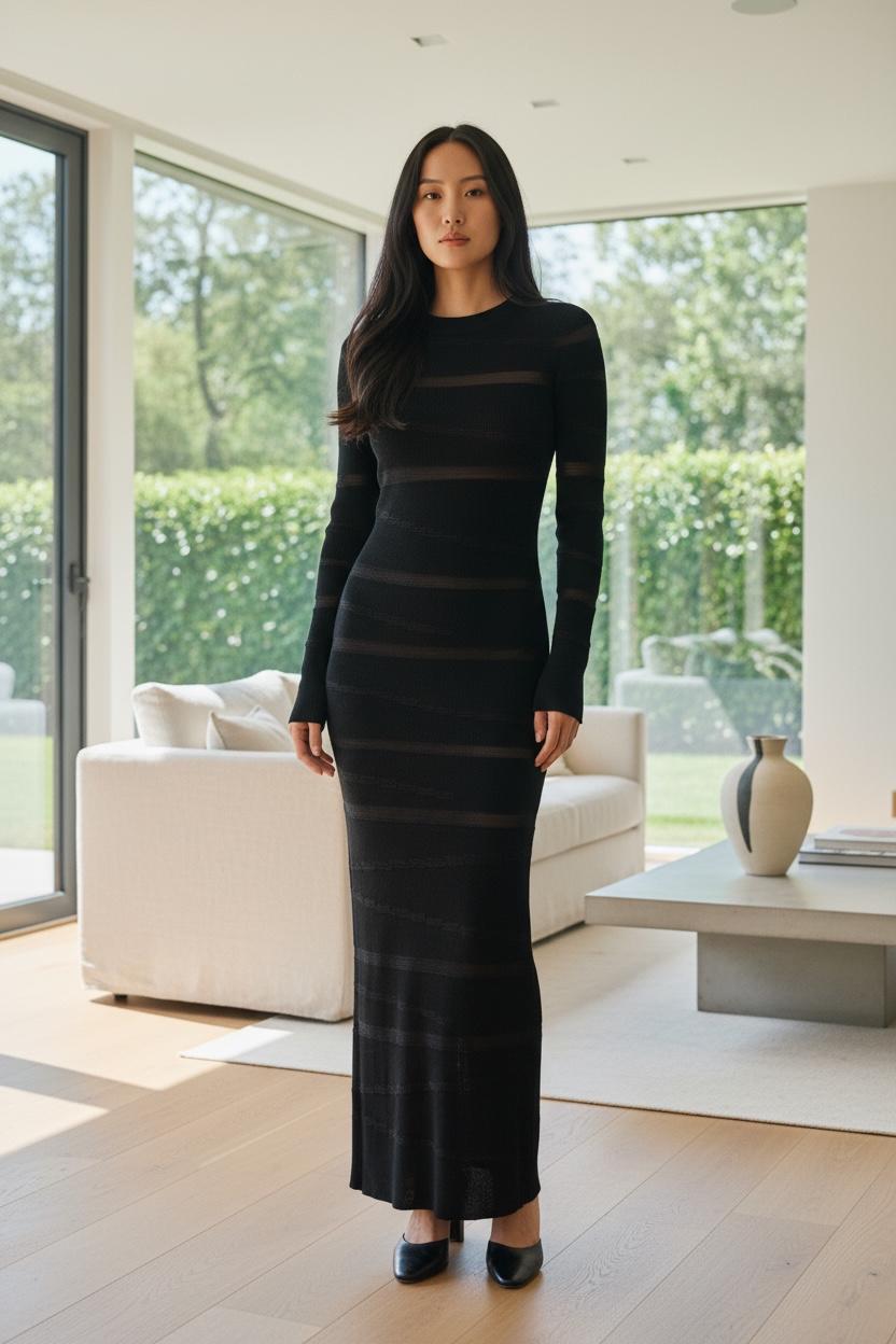 Black Long-Sleeve Dress (Fitted Ribbed Style with mesh