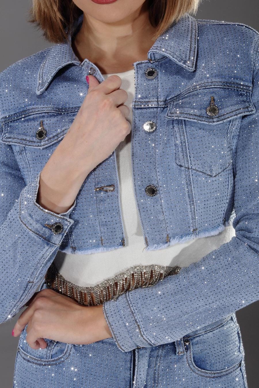 Denim  long  sleeve stone  full embellished jacket