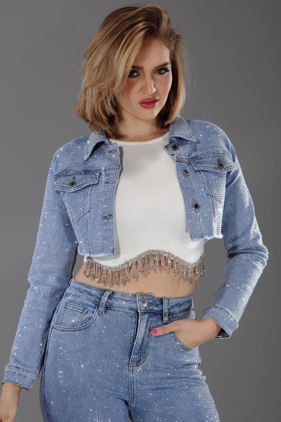Denim  long  sleeve stone  full embellished jacket