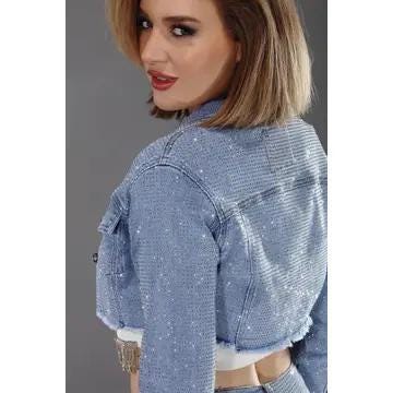 Denim  long  sleeve stone  full embellished jacket