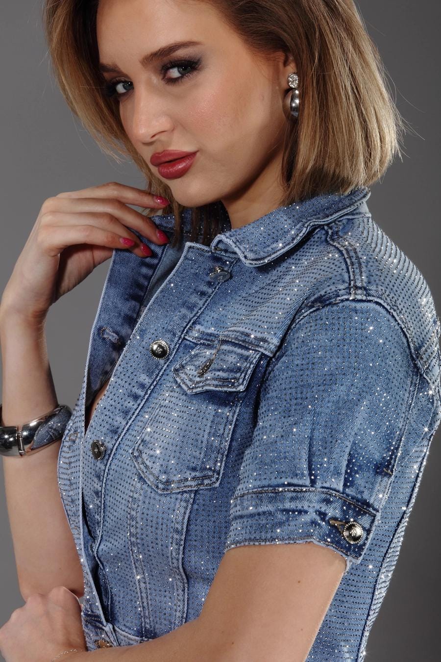 Denim short sleeve stone embellished jacket