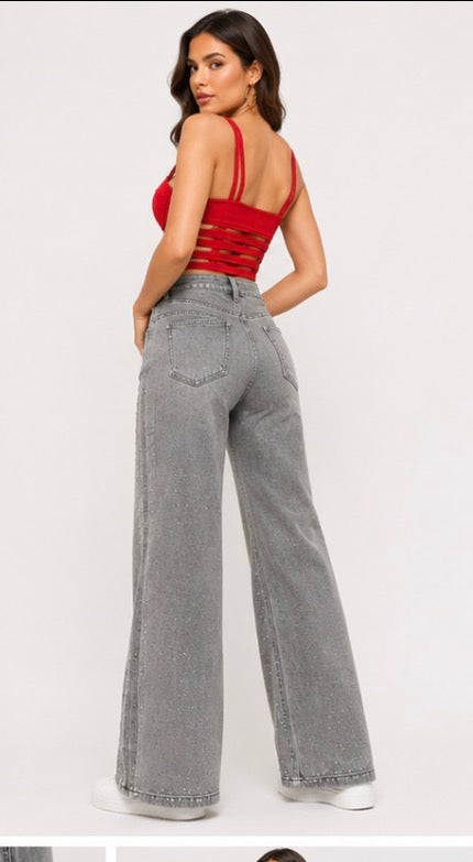 Celeste Rhinestone Wide Leg Jeans