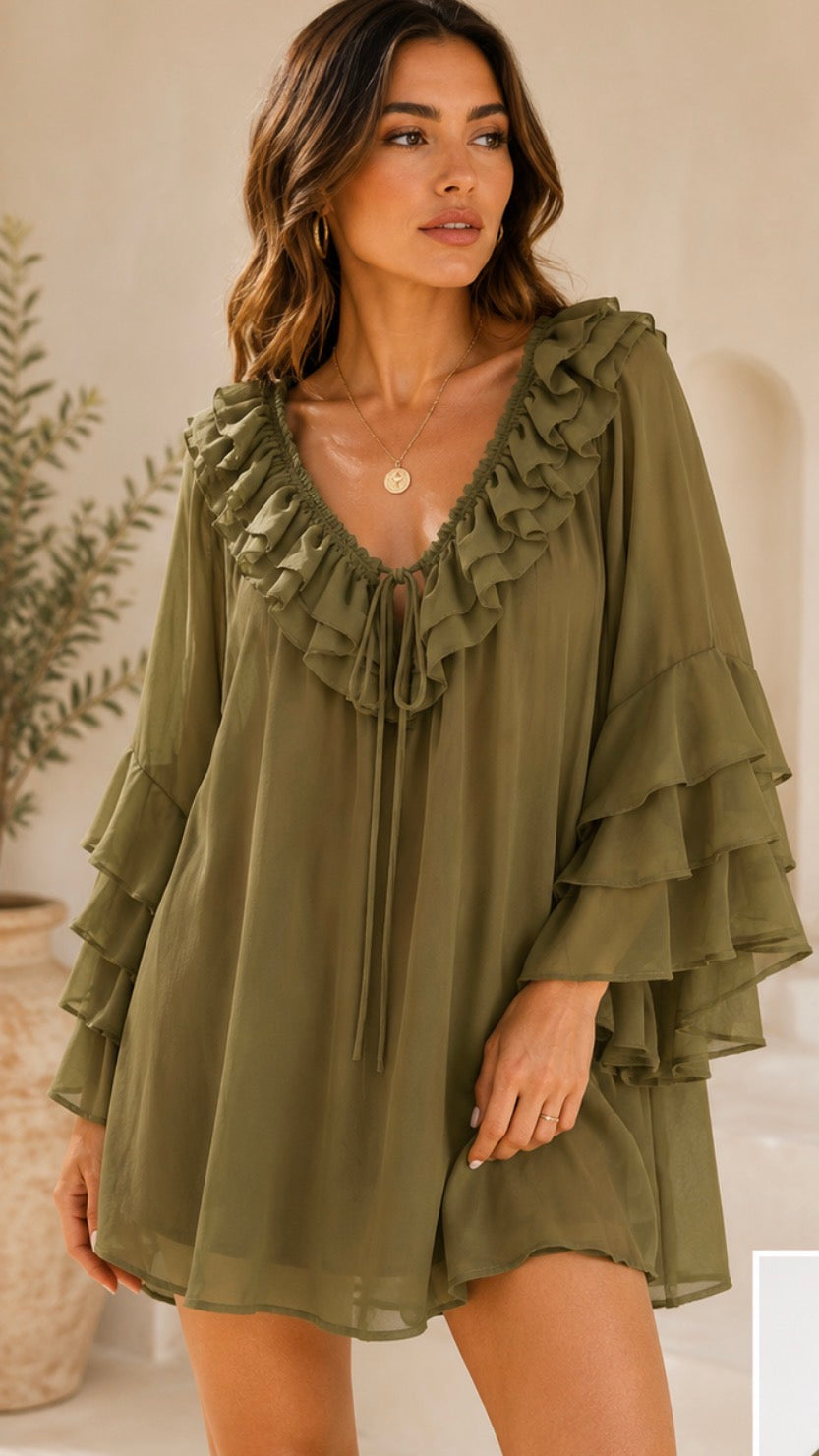 Olive Ruffle Mini Dress