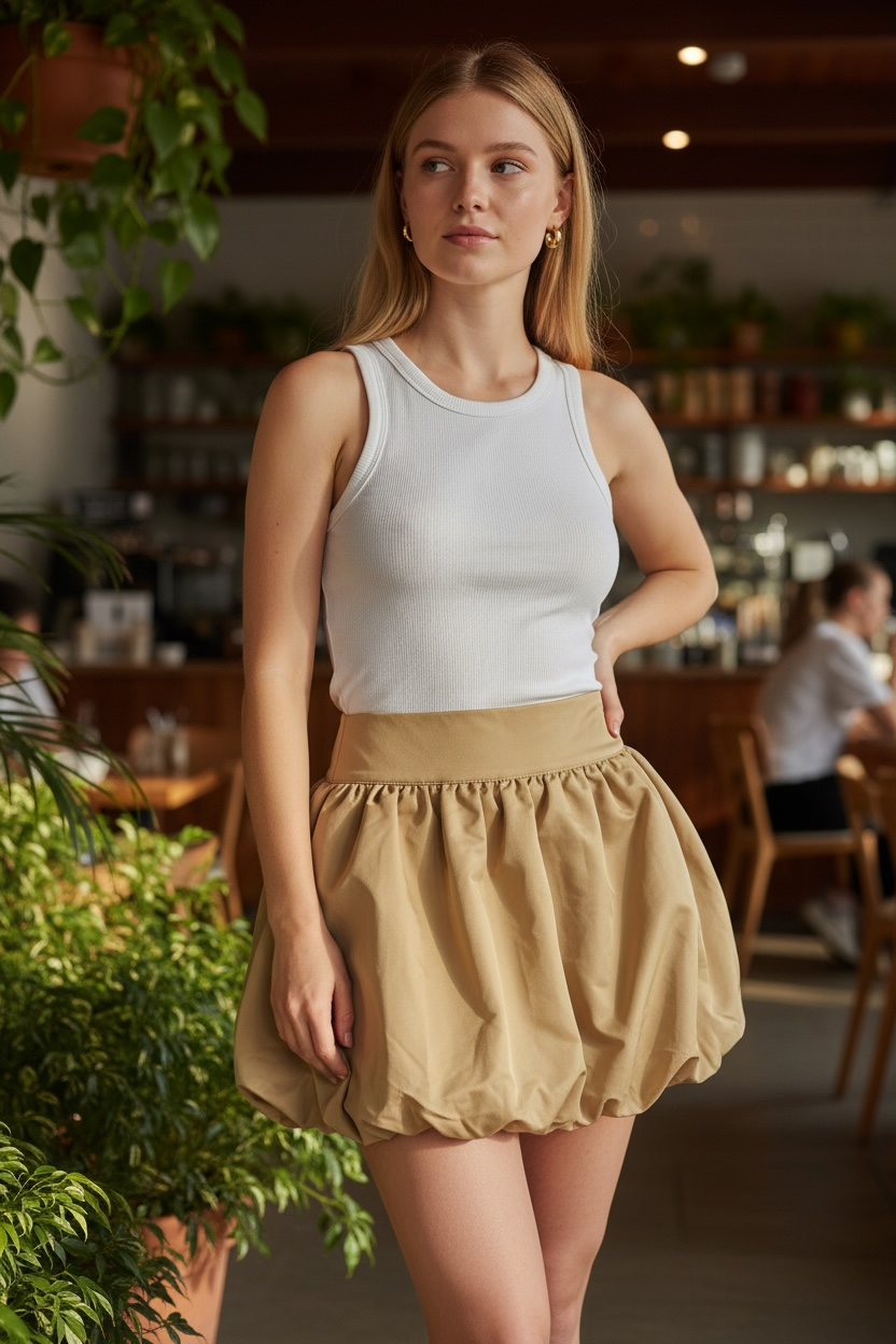Tan puff Waistband skirt