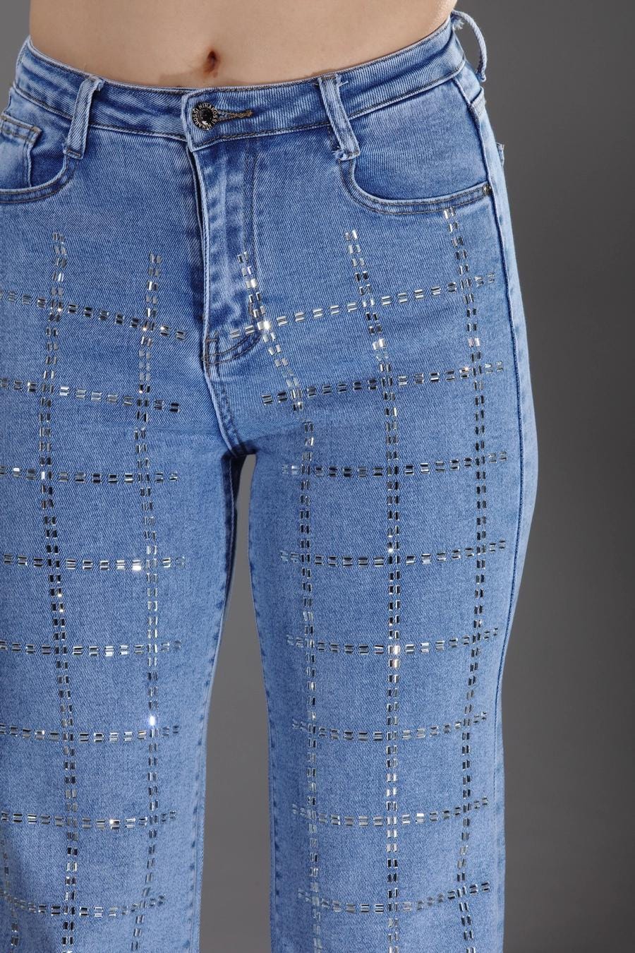 Light Blue Wash Stone Embellished Jeans