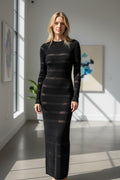 Striped Sheer Knit Long Dress Black