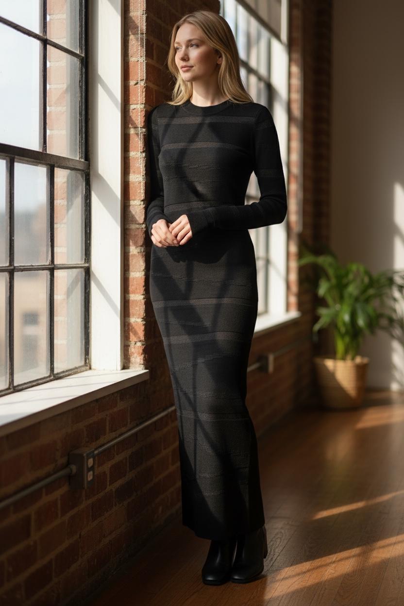 Striped Sheer Knit Long Dress Black