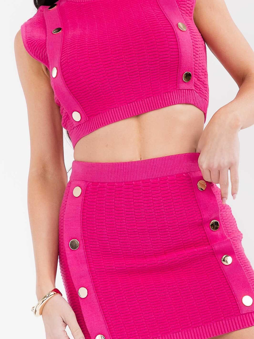 knit button-front sleeveless crop top and elastic mini skirt set