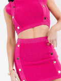 knit button-front sleeveless crop top and elastic mini skirt set