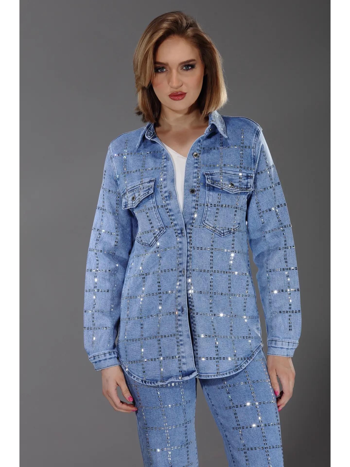 light wash stone embellished denim shirt