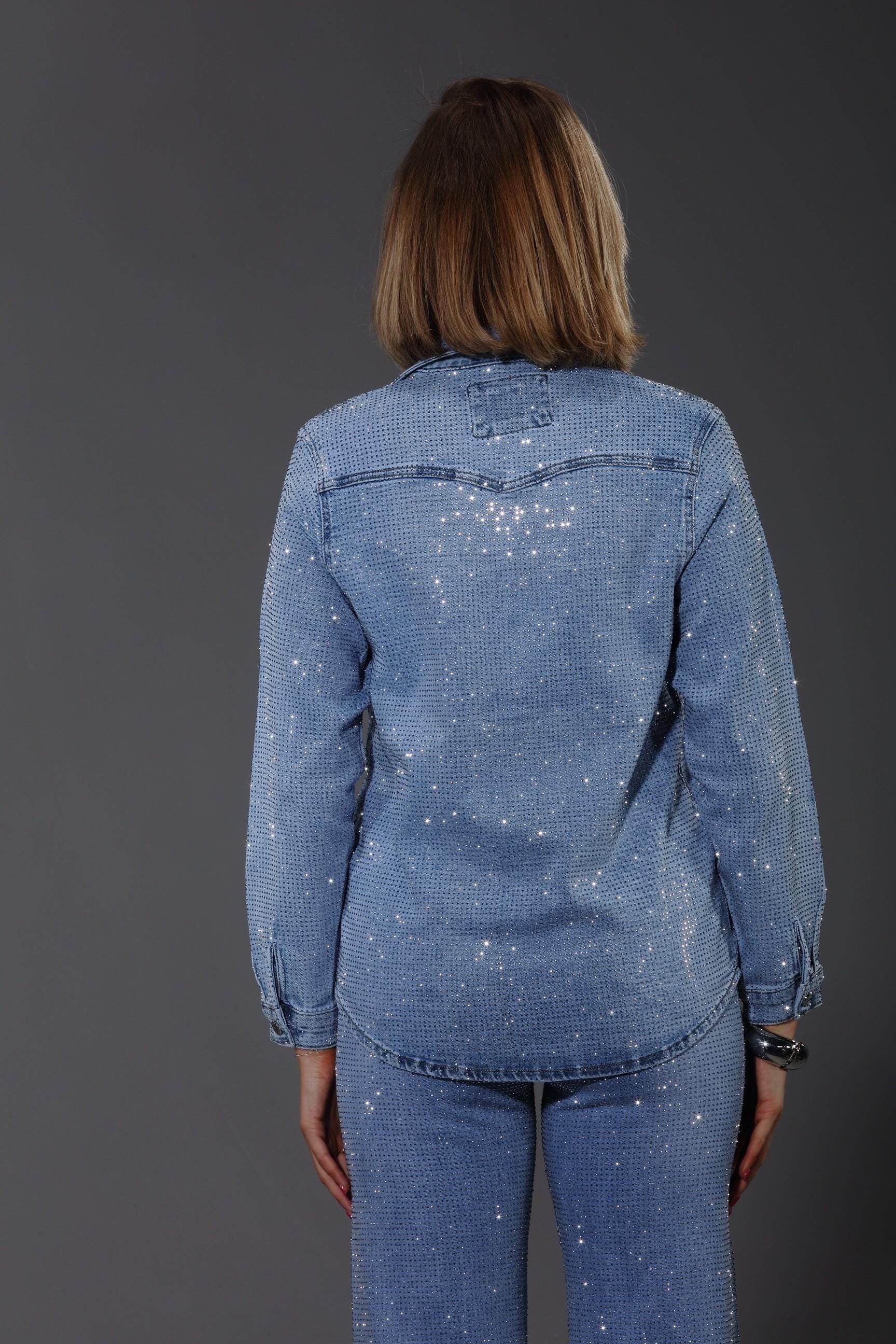 light wash stone embellished denim shirt