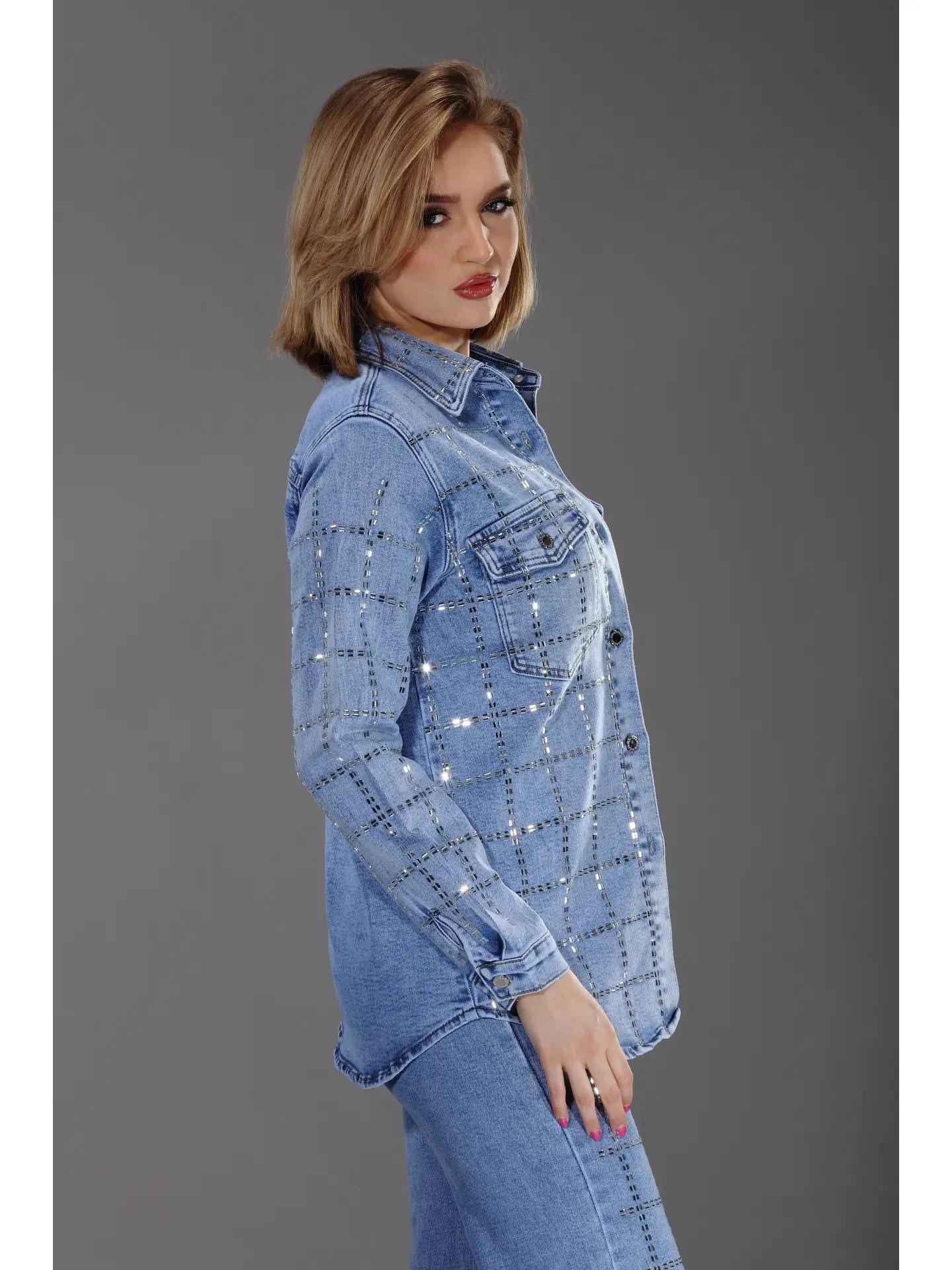 light wash stone embellished denim shirt