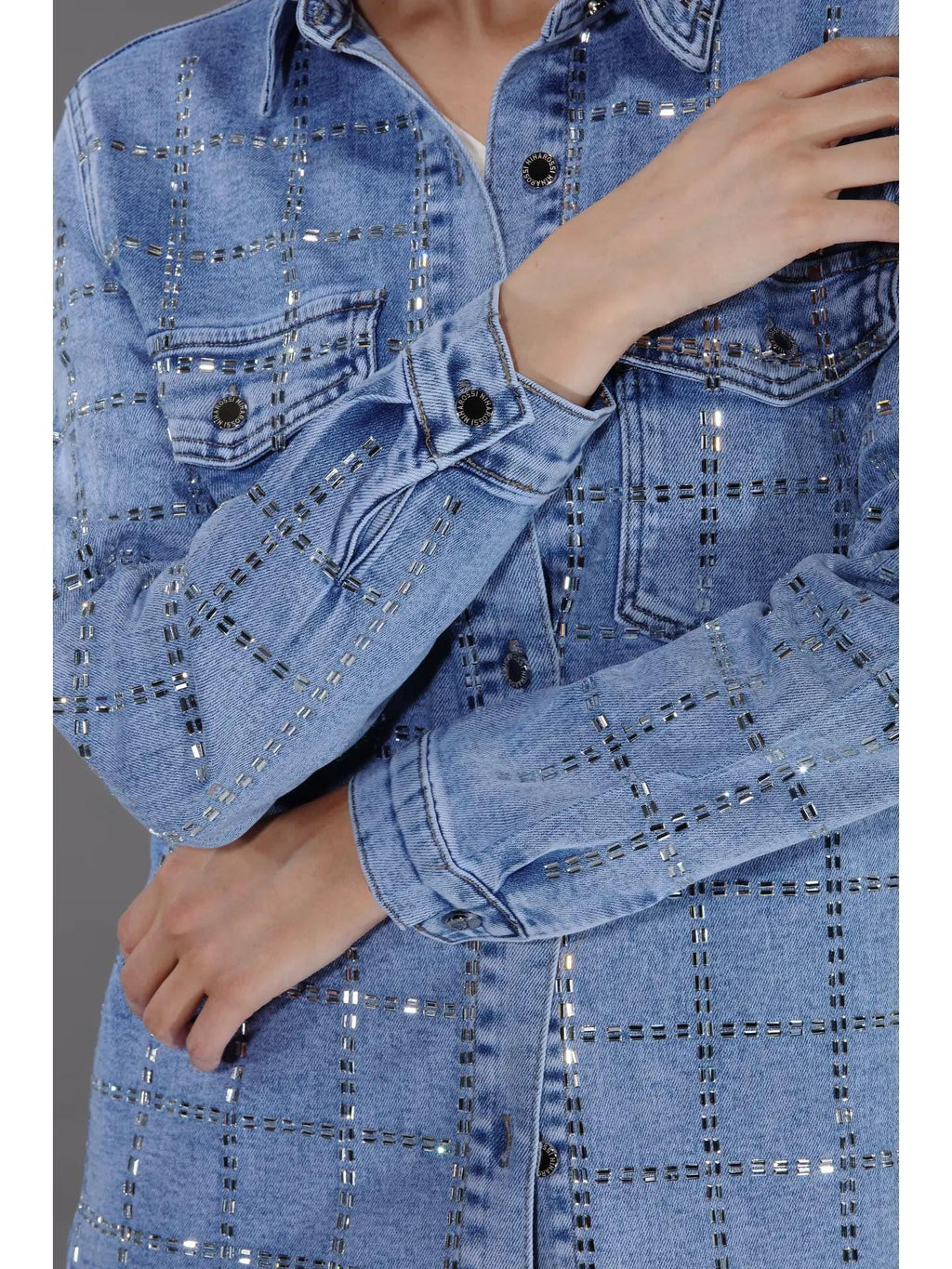 light wash stone embellished denim shirt