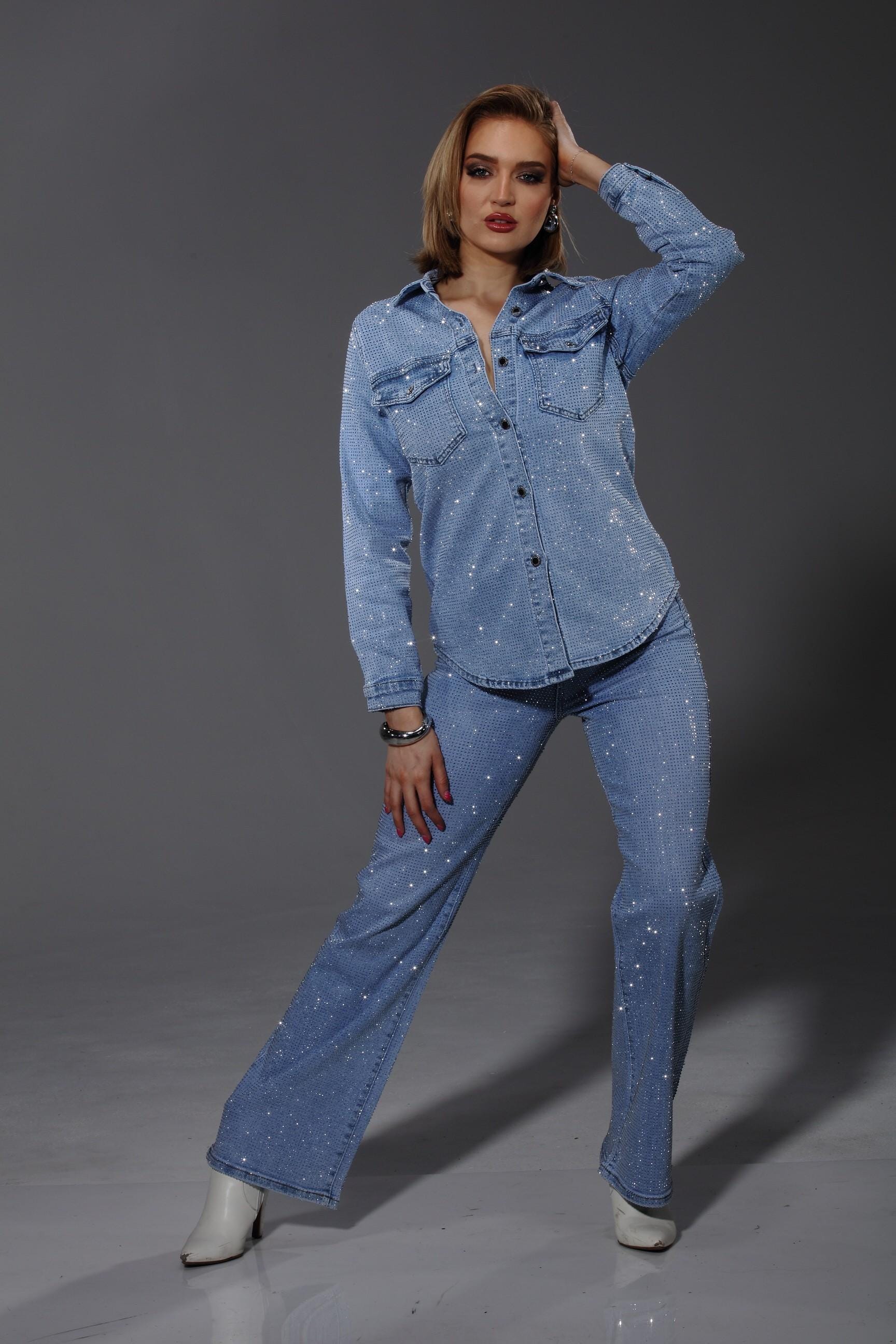 light wash stone embellished denim shirt