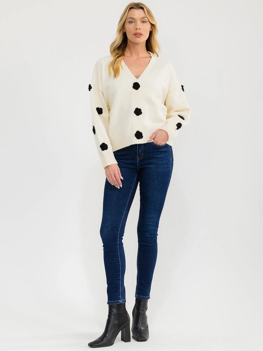 long sleeve button-up flower knit colorblock sweater