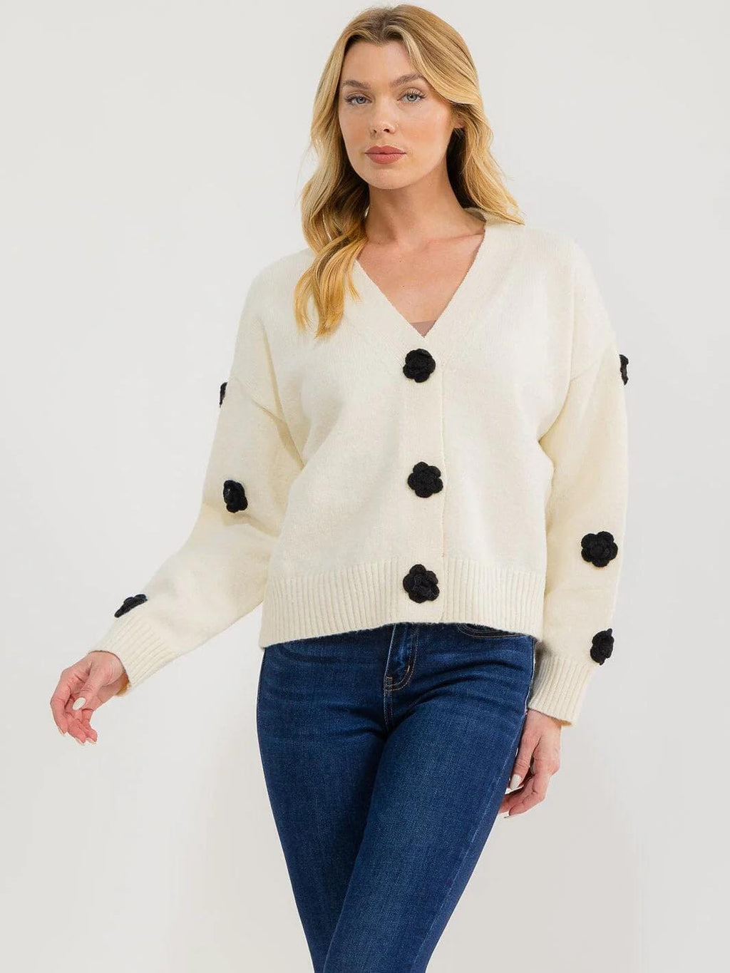 long sleeve button-up flower knit colorblock sweater