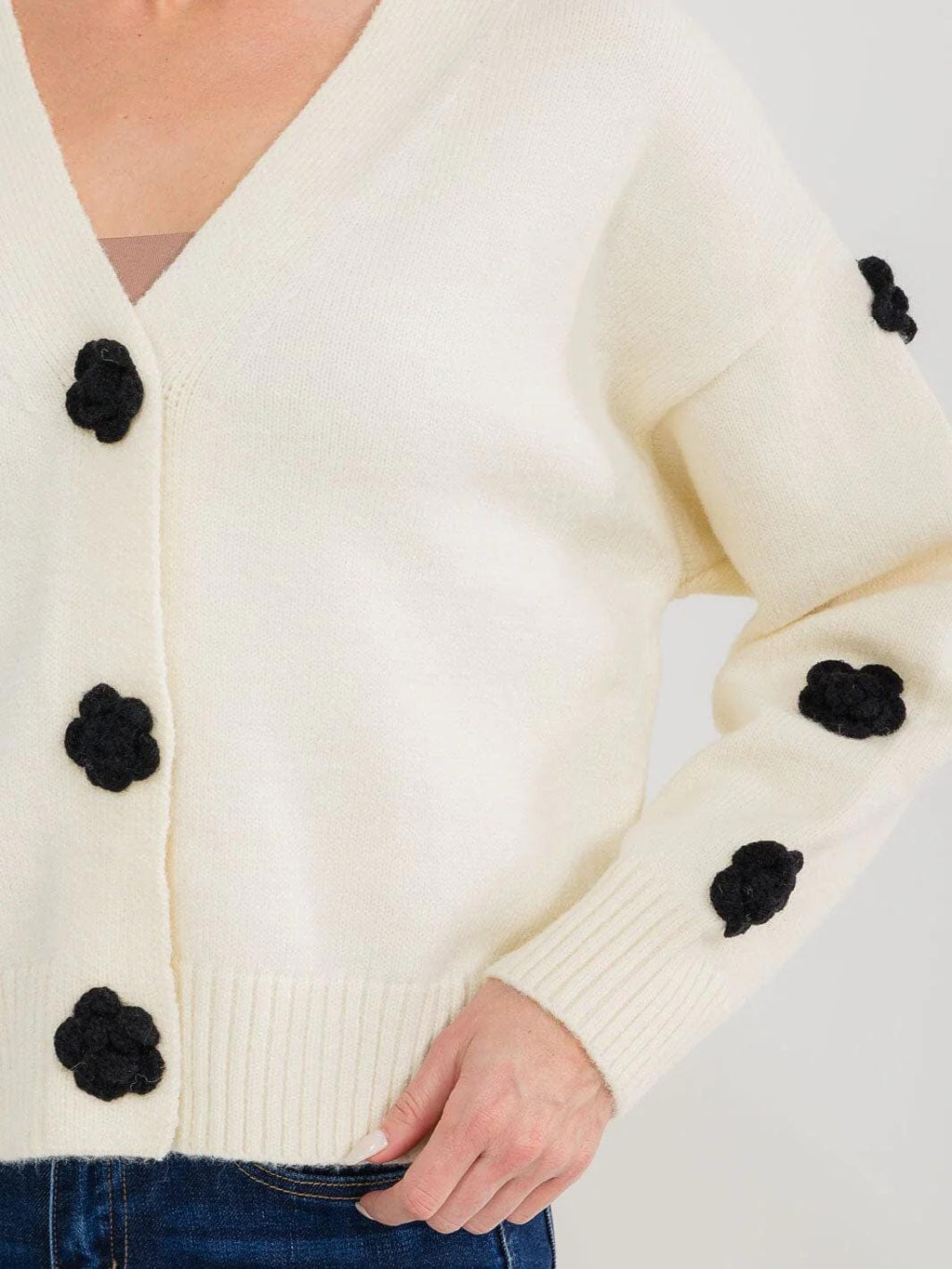 long sleeve button-up flower knit colorblock sweater