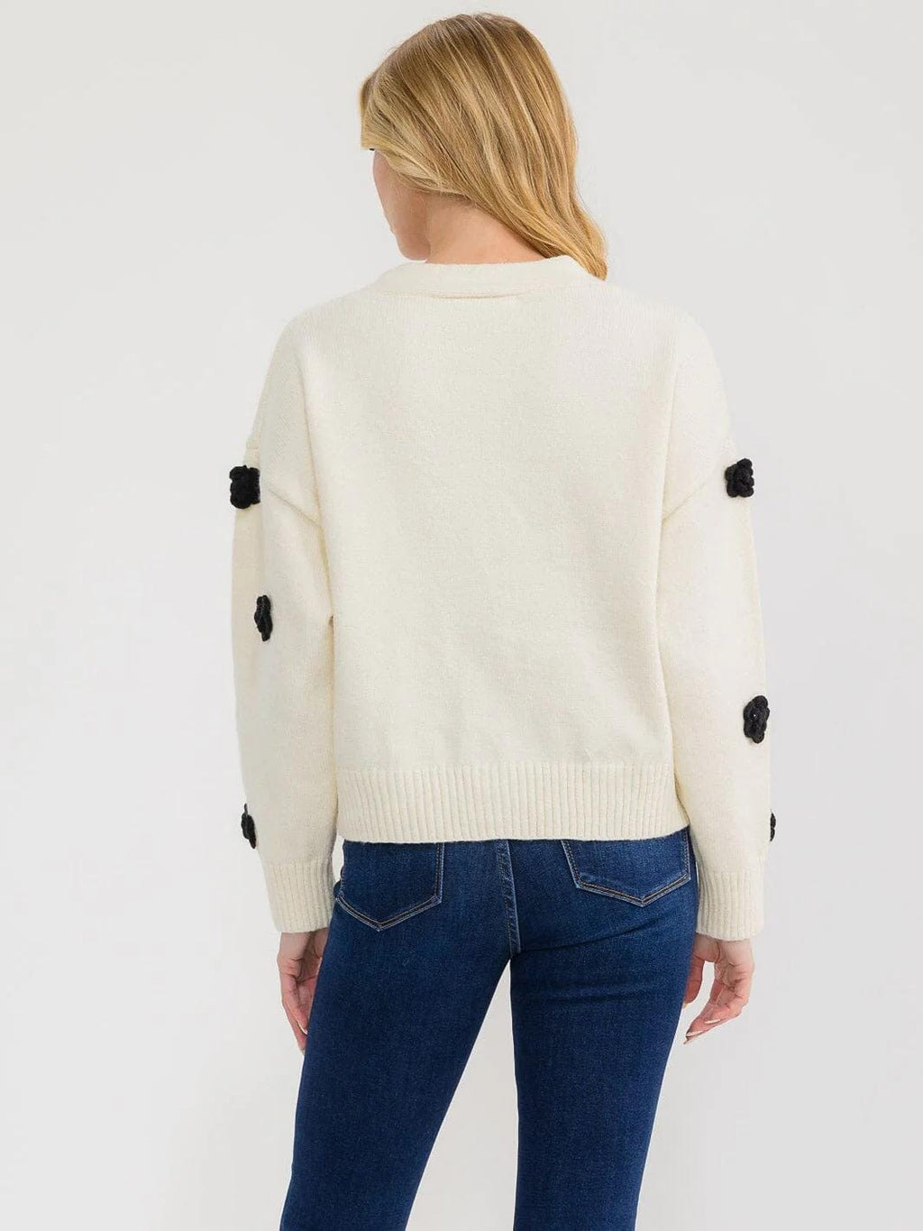 long sleeve button-up flower knit colorblock sweater