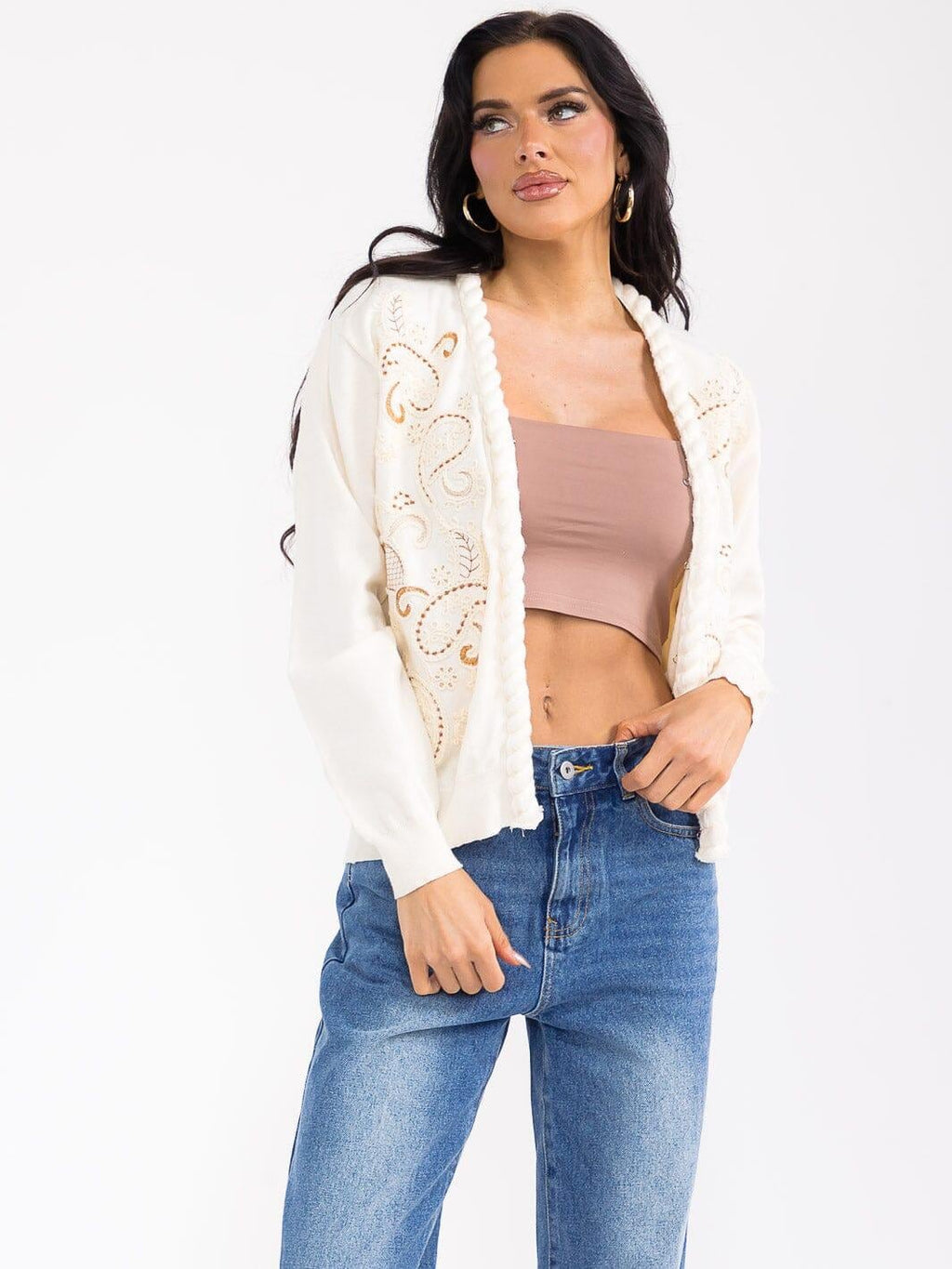 long sleeve button closure embroidery detailed sweater