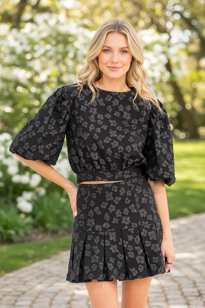 short puff sleeve top & zip up flare mini skirt floral 2pc. set womens summer outfit