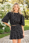 short puff sleeve top & zip up flare mini skirt floral 2pc. set womens summer outfit