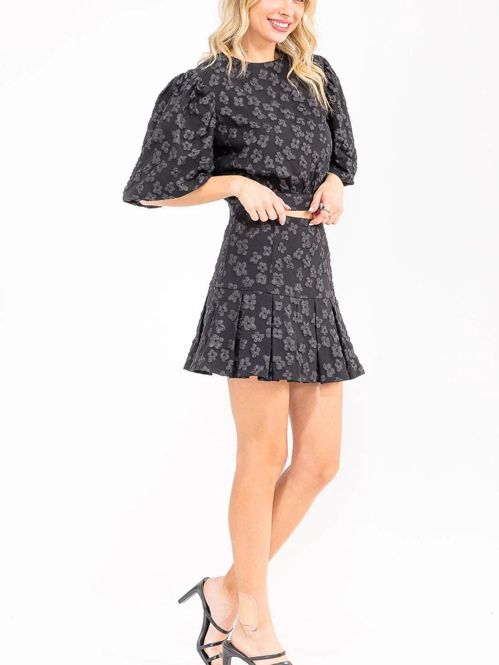 short puff sleeve top & zip up flare mini skirt floral 2pc. set womens summer outfit