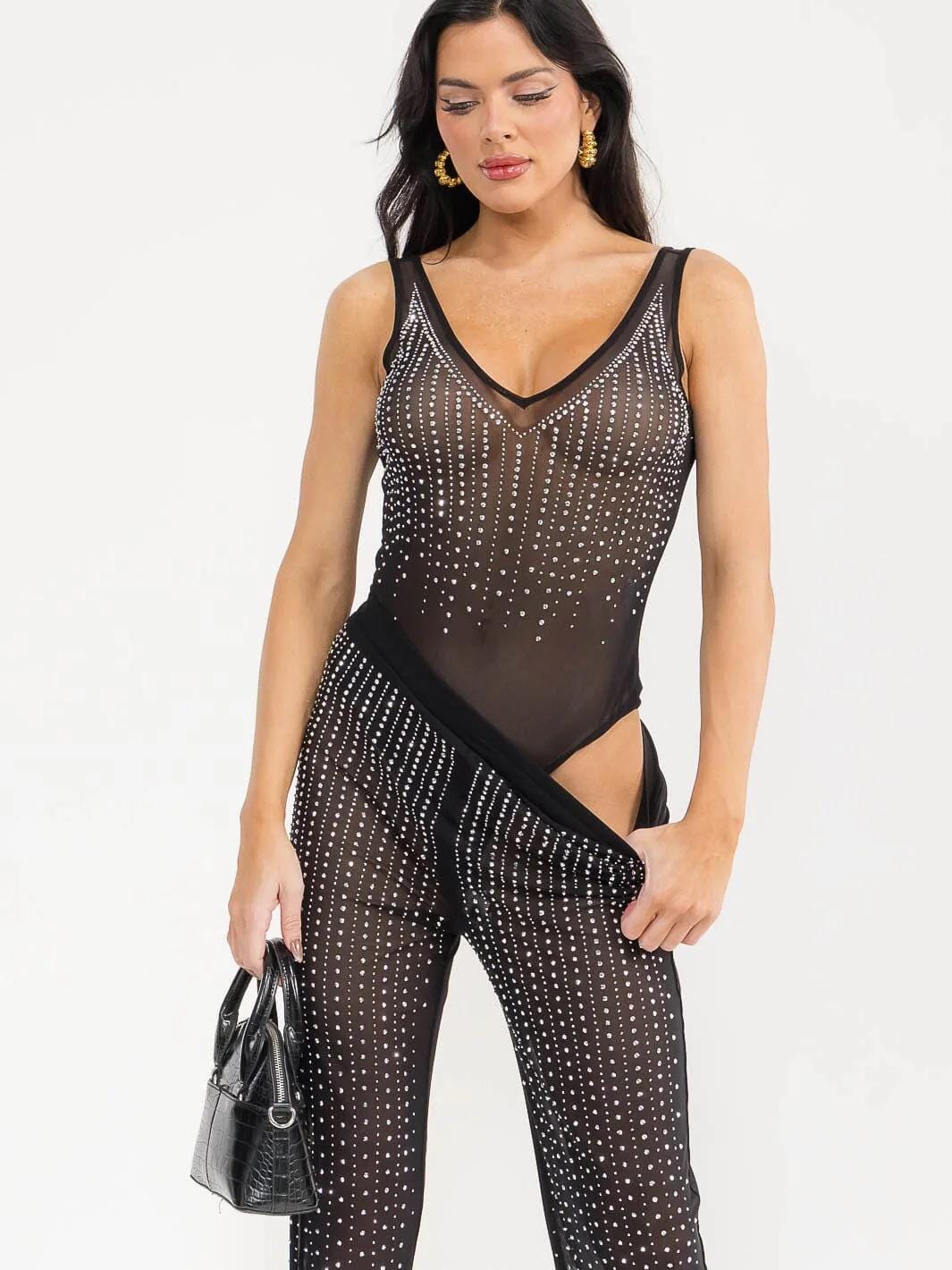 sleeveless bodysuit & elastic waist pants mesh stud 2pc. set womens outfit
