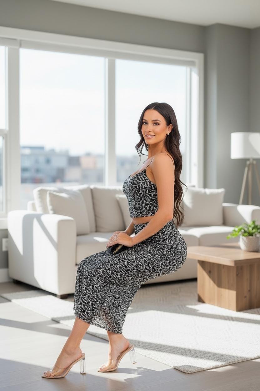 sleeveless crop top & elastic waist sequin maxi skirt 2pc. set womens party outfit