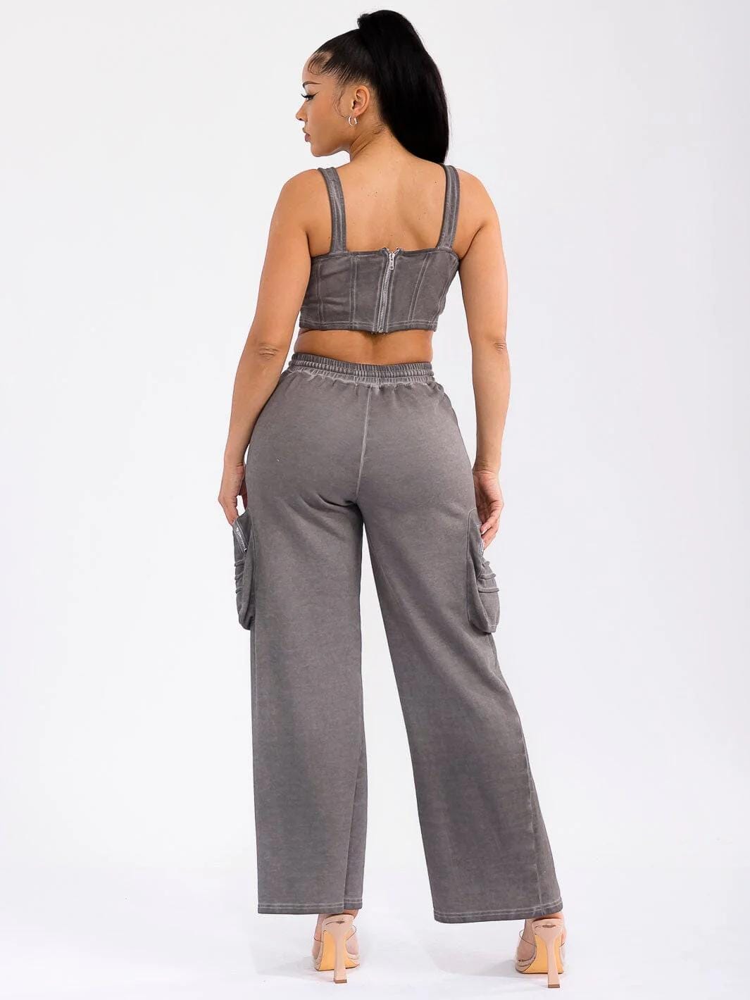 sleeveless crop top & elastic waist washed pants 2pc. set womens casual outfit