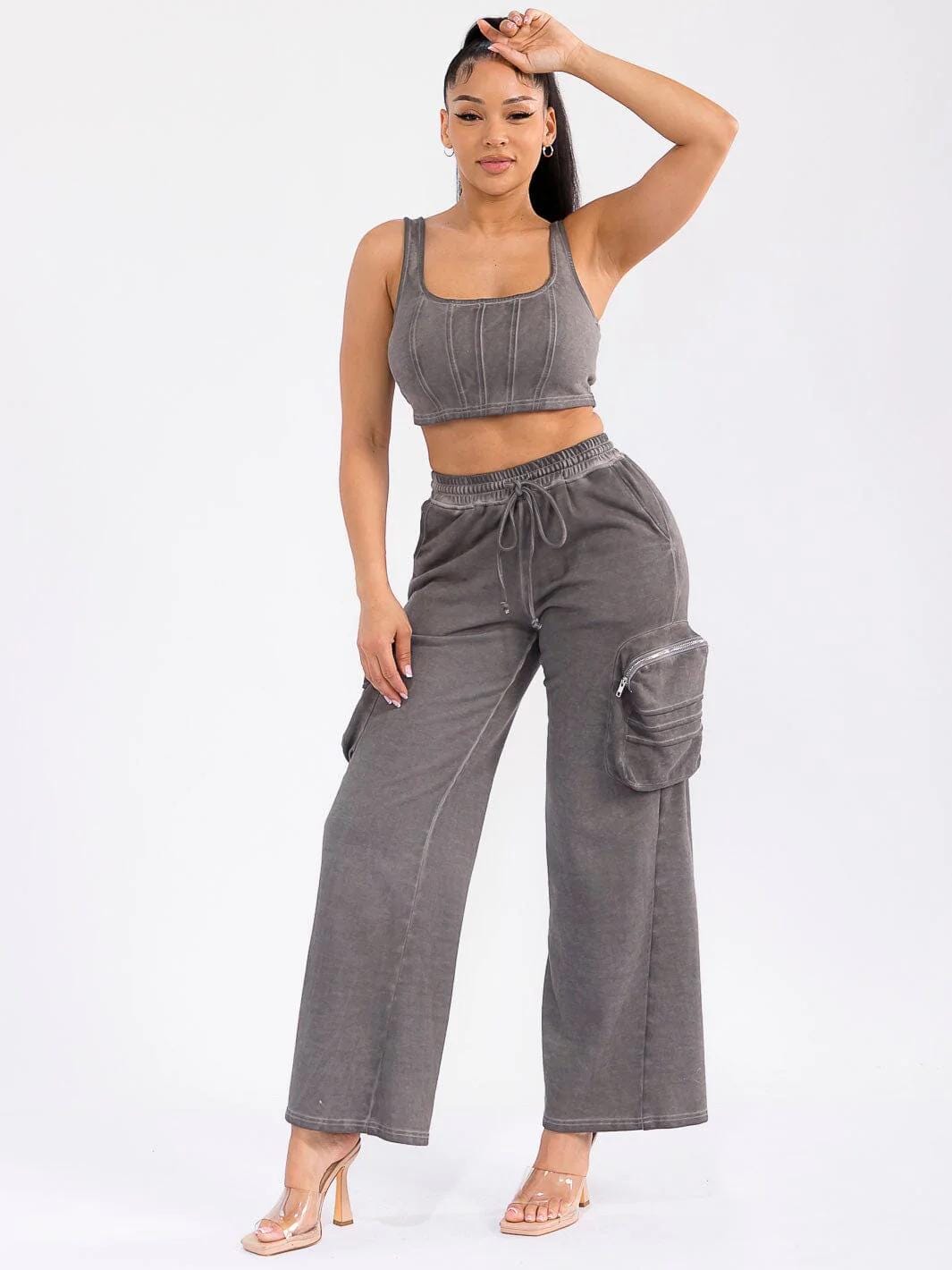 sleeveless crop top & elastic waist washed pants 2pc. set womens casual outfit
